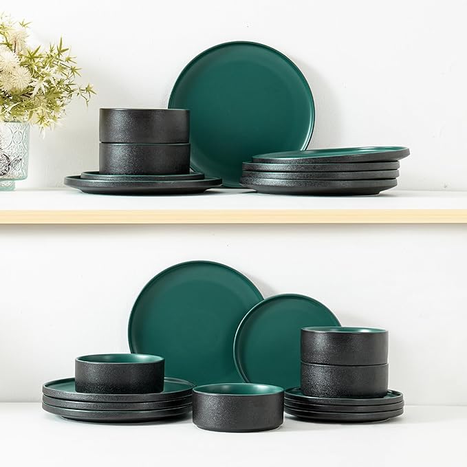 24 Piece Ceramic Dinnerware Set for 8, Modern Minimalist Stoneware Dinner Plates and Bowls, Microwave Safe, Dishwasher Safe, Versatile for All Seasons, Matte Green