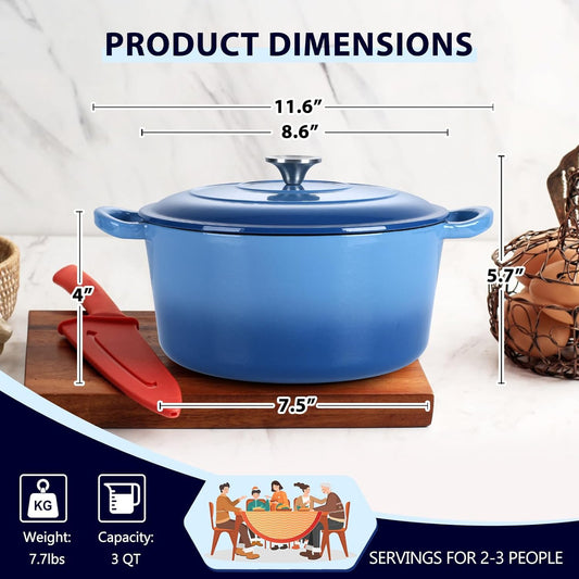3 Qt Enameled Cast Iron Dutch Oven with Lid, E-far Small Round Nonstick Dutch Oven Pot for Bread Baking Braising Stews Roasting Cooking, Heavy Duty, Induction & Oven Safe - Blue