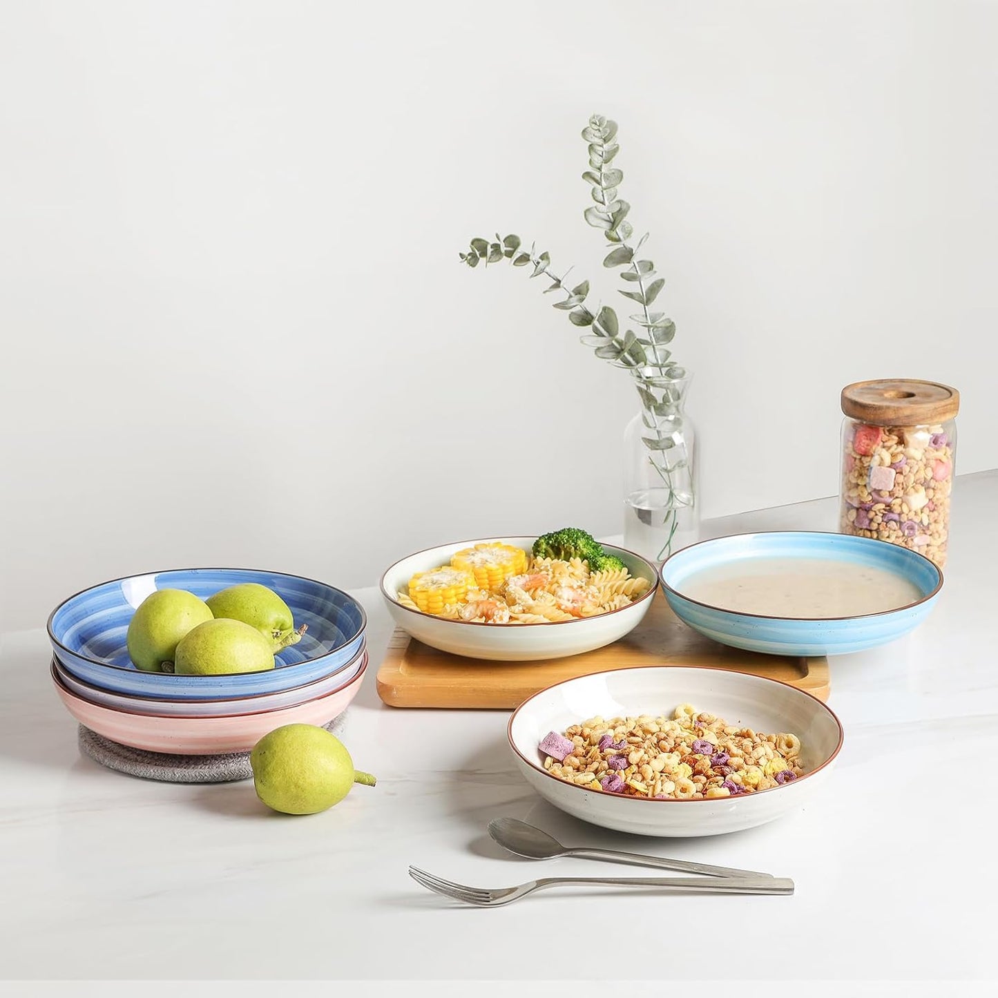 KitchenTour Large Pasta Bowls 34 oz, Ceramic Salad Serving Bowls Set of 6, 8.6 Inch Wide and Shallow Bowl for Soup- Dishwasher and Microwave Safe, Assorted Warm Colors