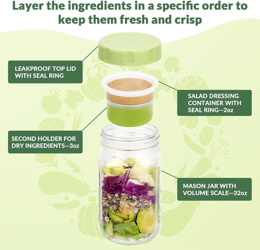 SOLIGT 4 Pack Glass Salad Jars with Lids Meal Prep, Leakproof Container for Lunch, with Wet/Dry Separation Cups, 32oz Mason Jars (Pink/Orange/Sky Blue/Olive Green)