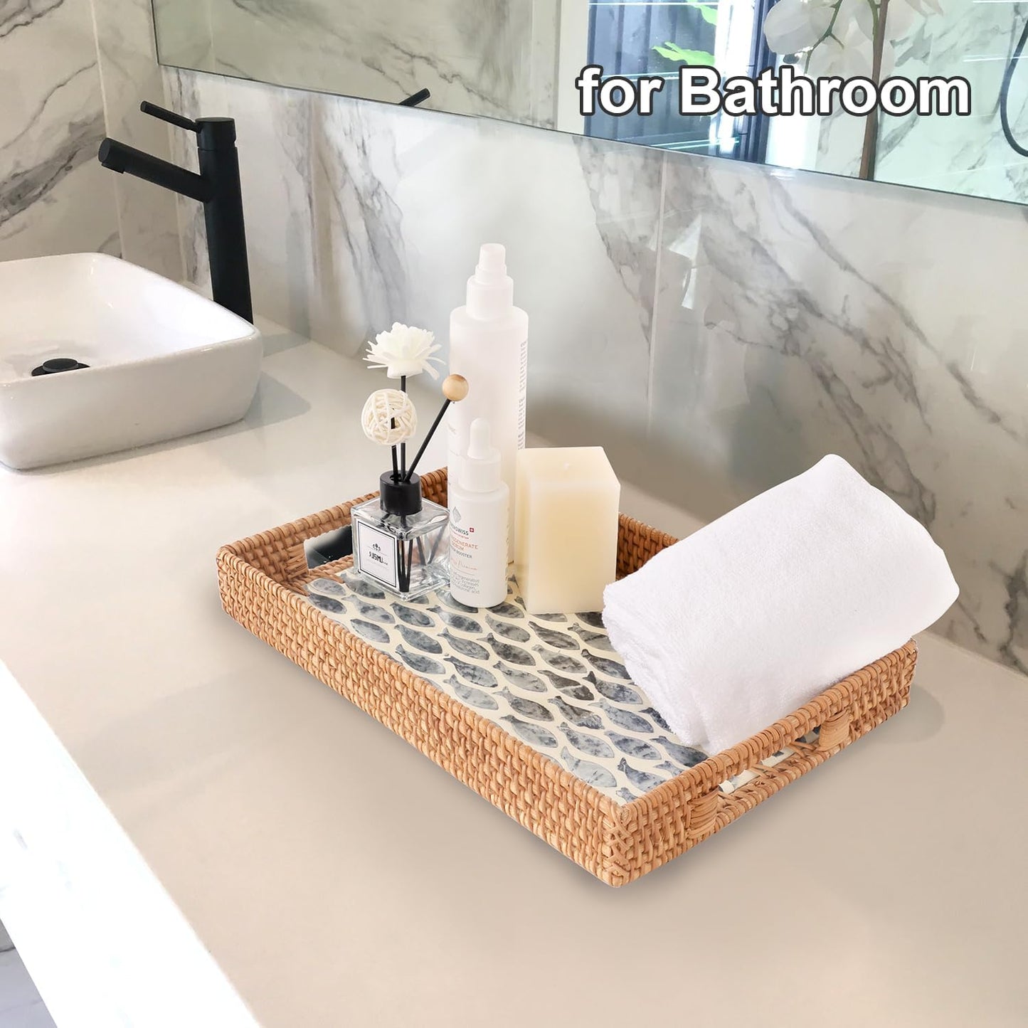 Rectangle Rattan Tray with Mother of Pearl Inlay, Rattan Serving Tray with Handle for Coffee, Bread, Fruits, Snacks, Decorative Wicker Tray for Table Decor (Rectangle Dark Blue Fish, 13"×9")