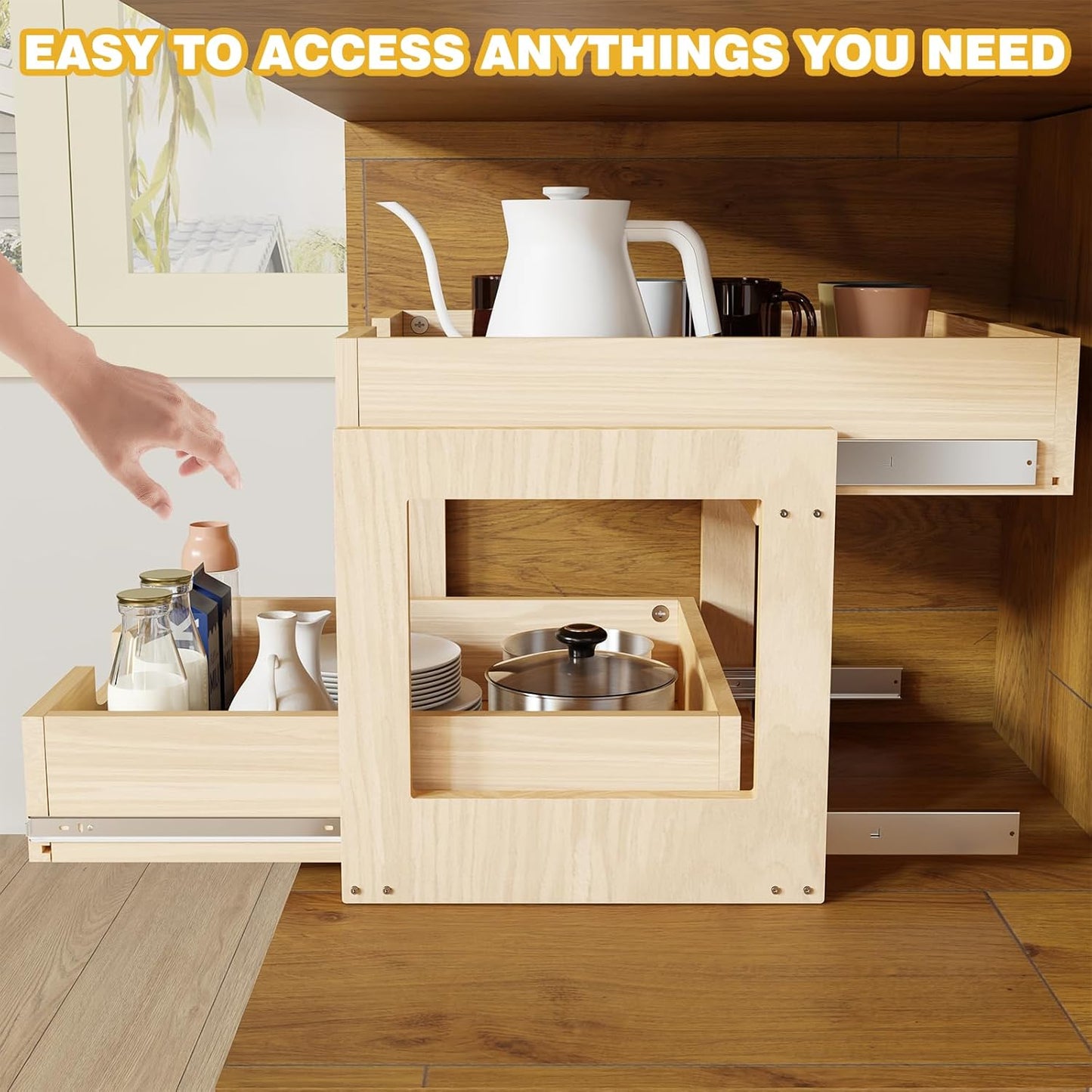 Pull Out Cabinet Organizer, 26''W×21''D×16''H Soft Close Slide Out Wooden Pull out Drawers, Double Tier Slide out Wood Cabinet Organizer, for Base Cabinet Organization in Kitchen, Pantry, Bathroom