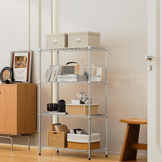 1000 lbs 4Tier Shelf Metal Storage Shelves Wire Rack Closet Organizers with Wheel for Garage Kitchen Bathroom Laundry Chrome 13.7" D x 29.5" W x 47.2" H