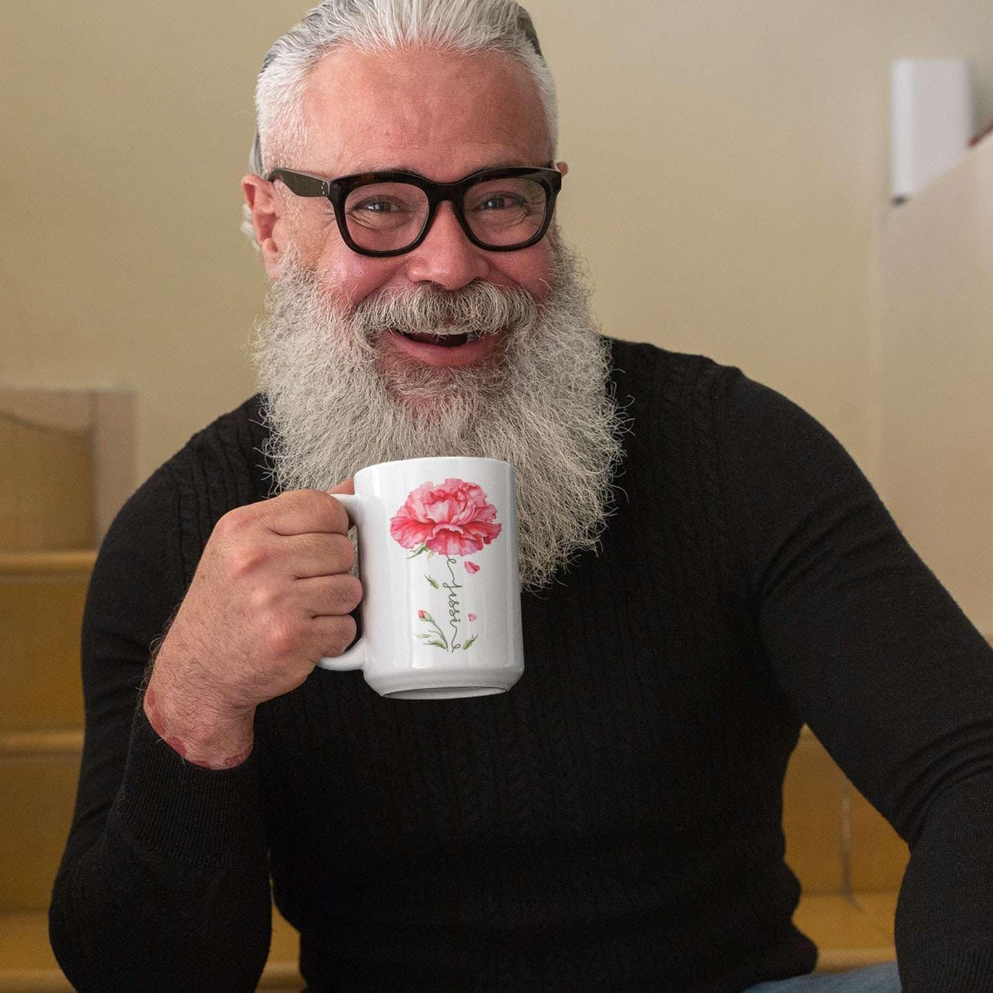 Personalized Floral Carnation Mug, Customized Name On Flower Coffee Cup, Unique Ceramic Tea Mug 11oz Or 15oz, Custom Carnation Flower Accent Cup, Gift For Daughter Mother