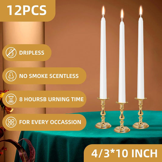 12 Pack White Taper Candles 10 inch - Taper Candles Dripless, Smokeless, Unscented - 8 Hours Long Burning - Hand Poured Tall Candlesticks - Perfect for Home Decor, Weddings, and Special Occasions