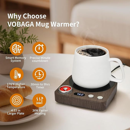 VOBAGA Coffee Mug Warmer with Smart Memory System & 9-Temperature Setting, Coffee Cup Warmer with Customize Timer & Precise Minute Timing, Suitable for Work, Reading, Sleeping