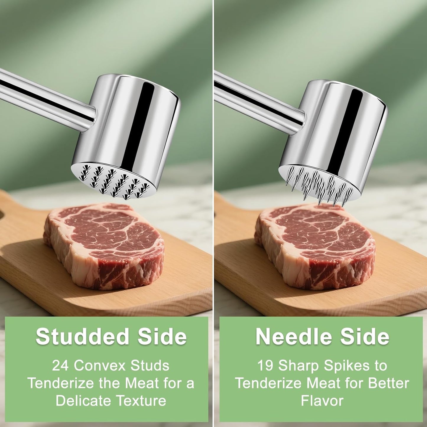 Real 316L Stainless Steel Meat Mallet Tenderizer Tool,Professional 2-in-1 Meat Hammer,Dual-Sided with Spikes & Studs,Commercial Grade Kitchen Solid Mallet Pounder, Heavy Duty 1.09LB,Dishwasher Safe