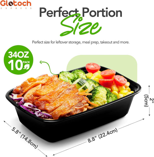 Glotoch 34oz Meal Prep Containers, 10 Pack (20-Piece) Reusable Food Prep Containers with Lids Microwave, Freezer, Dishwasher Safe Leakproof Durable Plastic Food Storage Lunch Box To Go Take Out