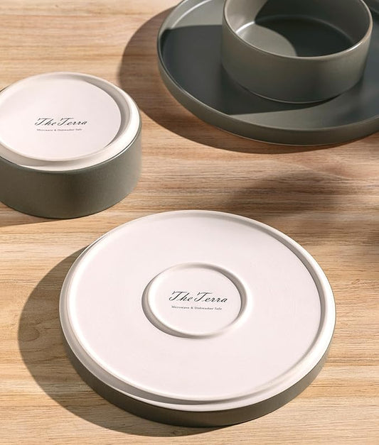 TheTerra Ceramic Dinnerware Sets for 6, 18 Pieces Handmade Reactive Glaze Plates and Bowls Set, Scratch Resistant Dish Set, Oven & Microwave & Dishwasher Safe, Matte Green