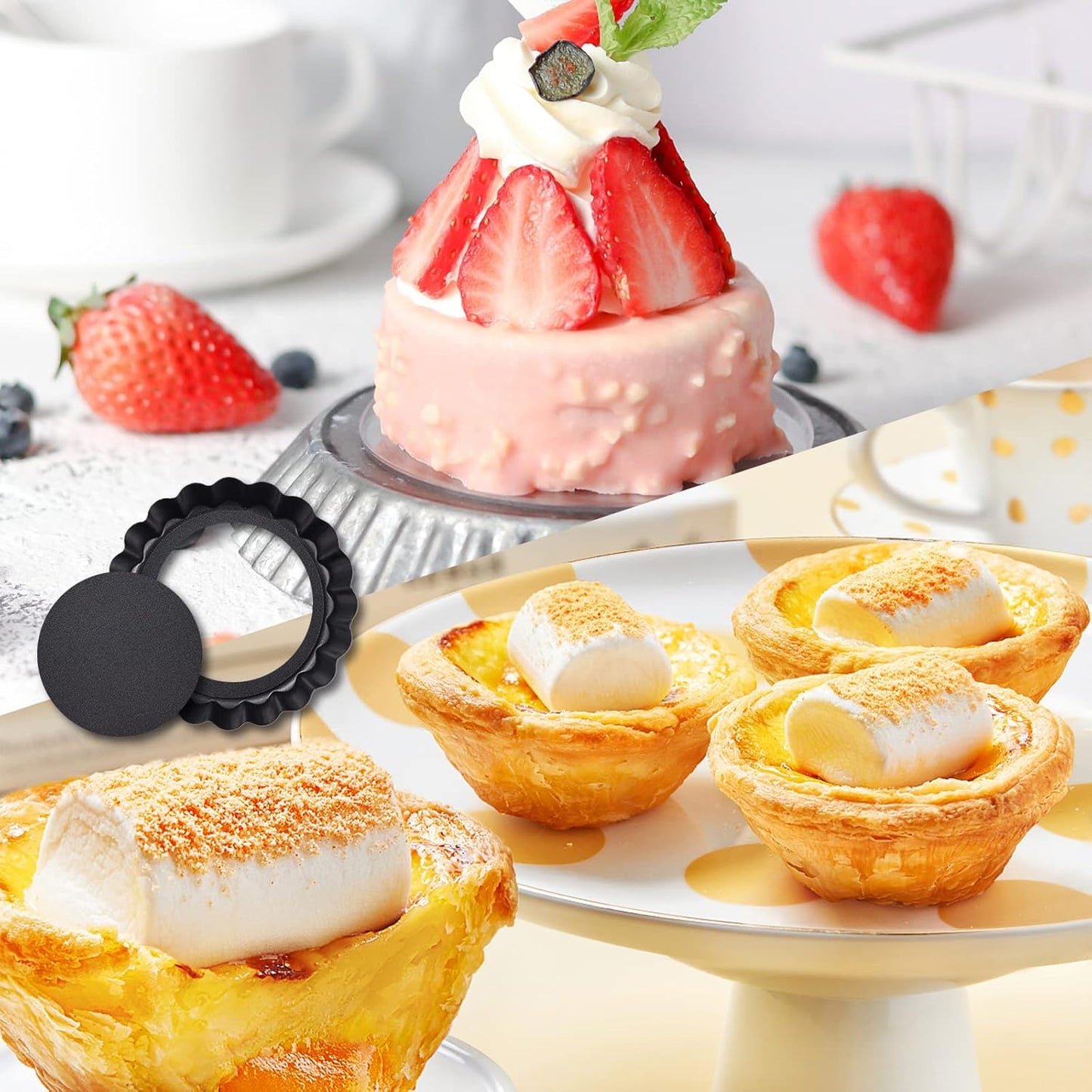 Theuzi 9 in Non-Stick Tart and Quiche Pan with Removable Bottom and 4 Mini Tart Pans 4-inch, Heavy Duty Fluted Side for Pies, Mousse Cakes, Dessert Baking (5 Pack)