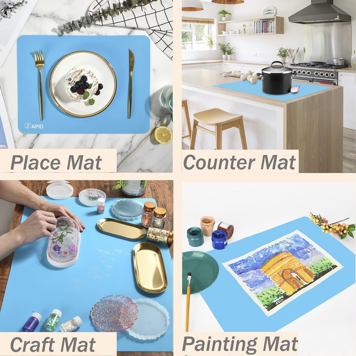 Extra Large Silicone Mat 36" x 24" Place Mats, Heat Resistant Mat for Kitchen Countertop Protector, Thick Placemats Washable Silicone Mats for Kitchen Counter Mat Dining Table Mat, Blue, Sapid