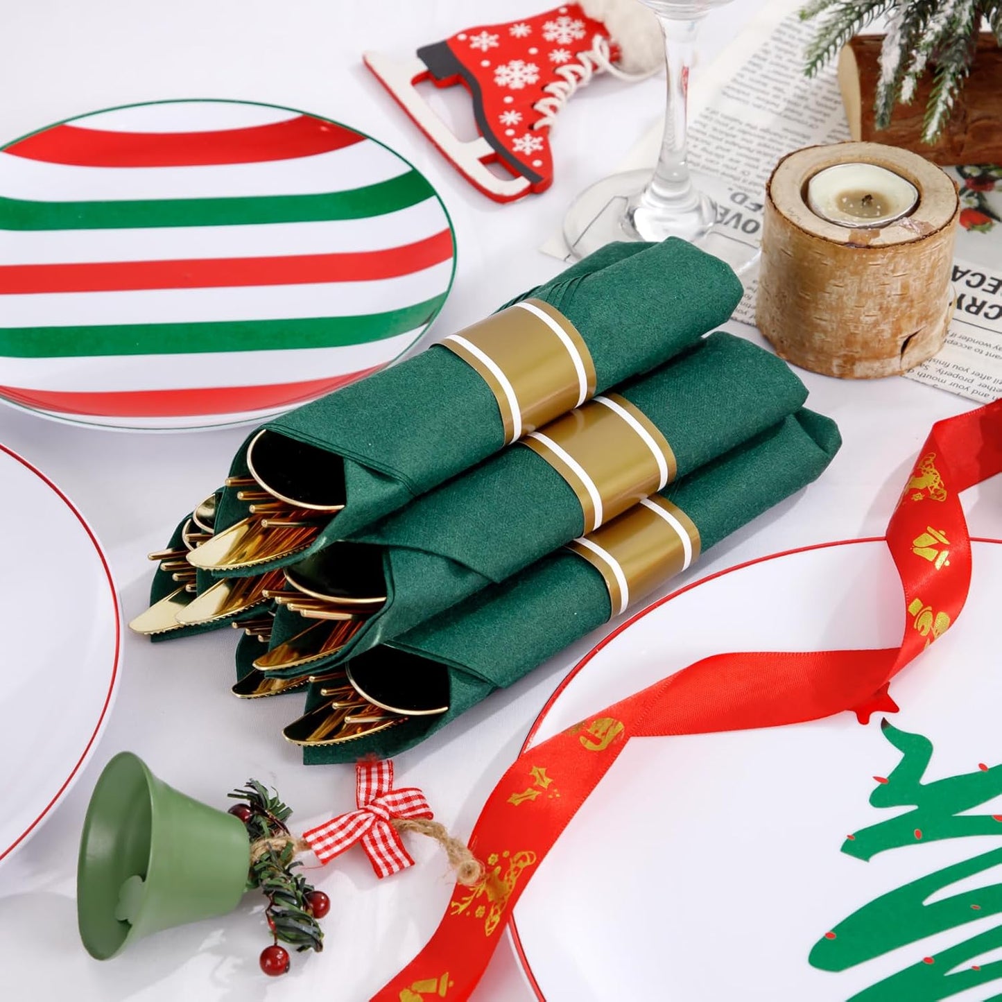 WONDERFUL 180 Pcs Plastic Christmas Plates Dinnerware Set Disposable Christmas Plates With Cutlery Include 30 Dinner Plate 30 Dessert Plate 30 Pre Rolled Napkins With Silverware For Xmas Day 30 Guests