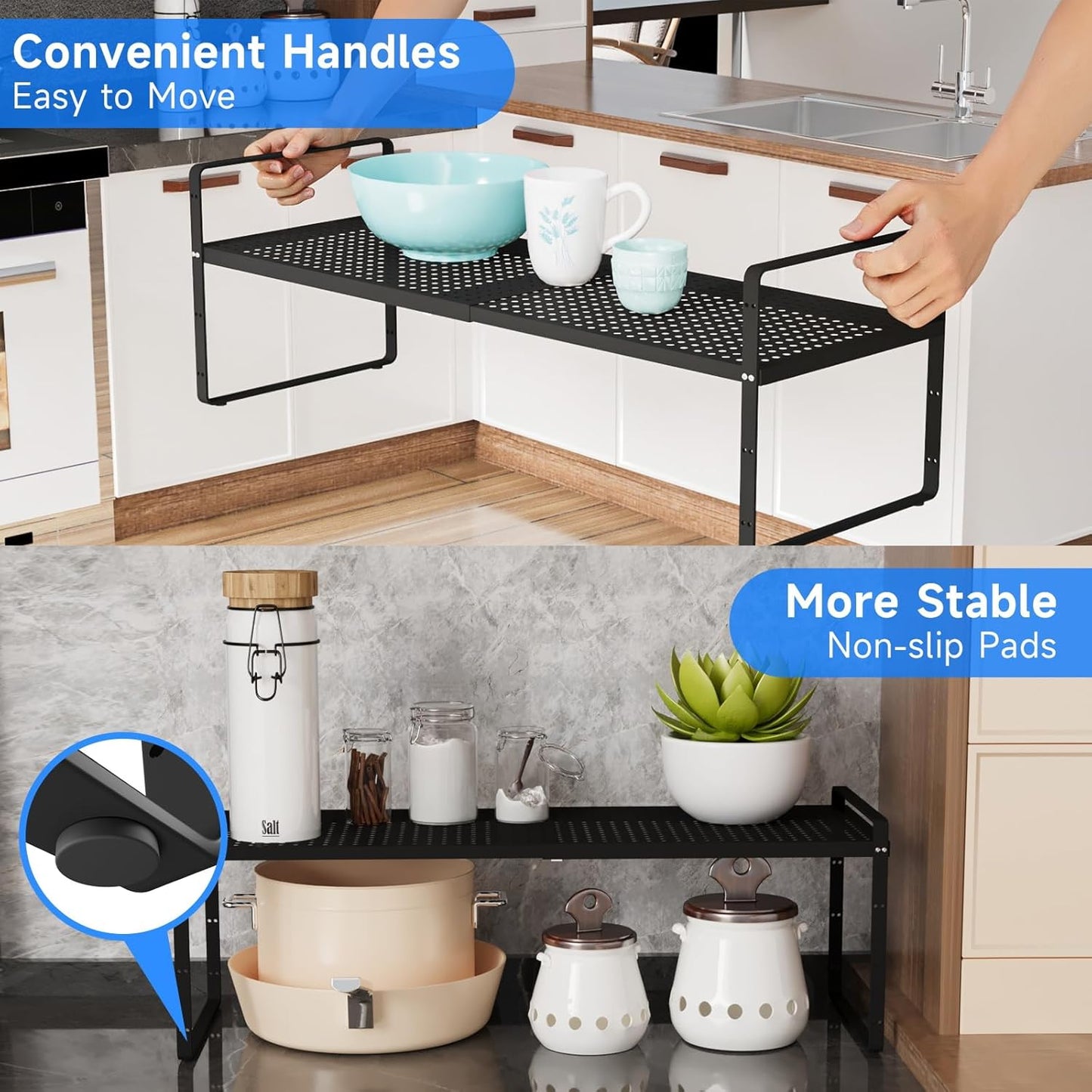 Expandable Cabinet Shelf Organizers, Kitchen Small Stand Rack Organization for Tabletop Countertop Cupborad Pantry, Black 2 Pack