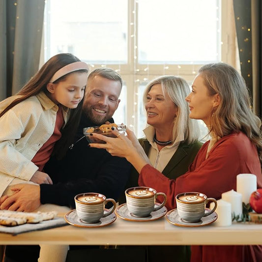 Hasense Ceramic Tea Cups and Saucers, 8oz Cappuccino Cups Set of 4, Espresso Coffee Mugs for Home and Office, Perfect for Coffee, Cappuccino, Latte, Americano, Milk and Tea - Grey Brown