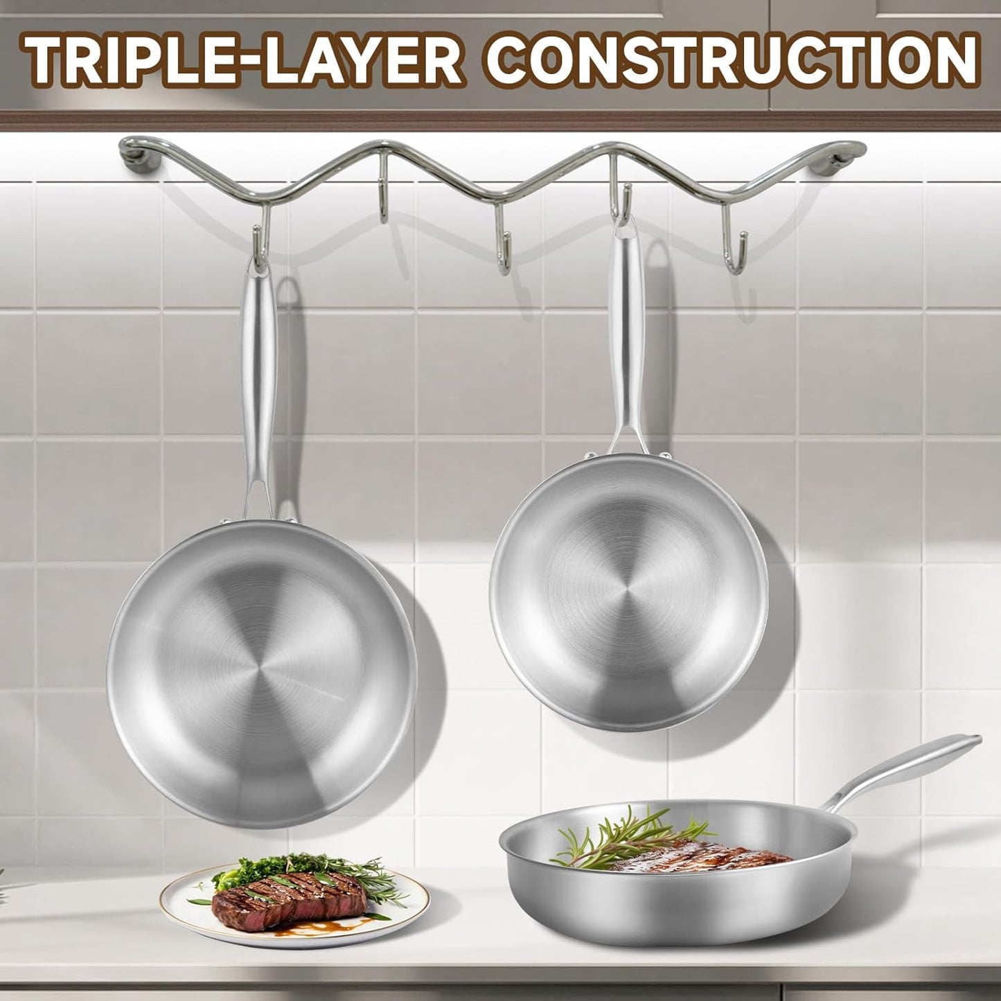 GOLDEN KEY 10 inch Tri-Ply Stainless Steel Pan,Stainless Steel Skillet with Lid,Frying Pan with Lid Compatible with All Cooktops Up to 600,Dishwasher Safe