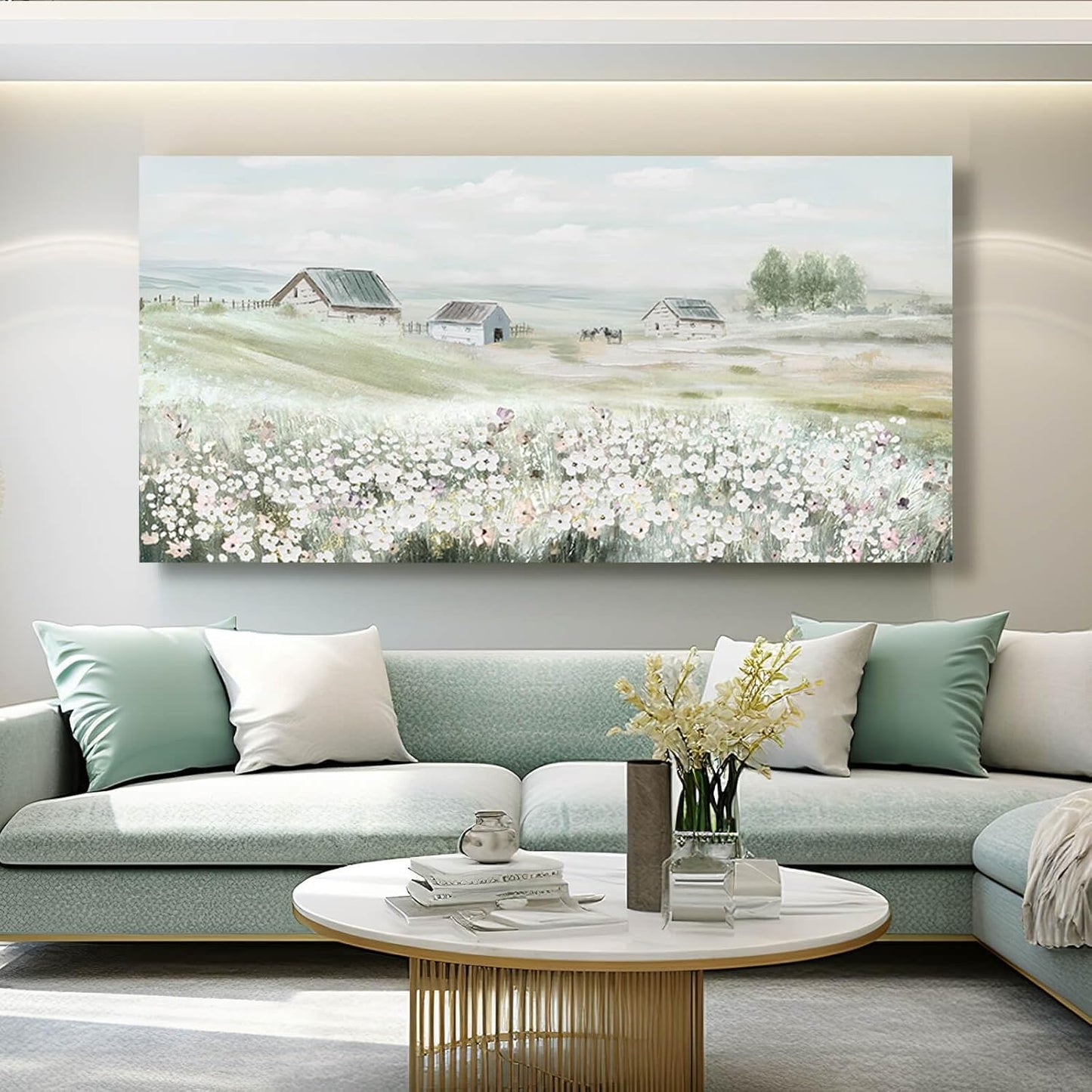 Large Framed Wall Art for Living Room - Grassland Landscape Home Wall Decor - Vintage Neutral Canvas Pictures for Bedroom 29"x 58" Office Wall Hanging