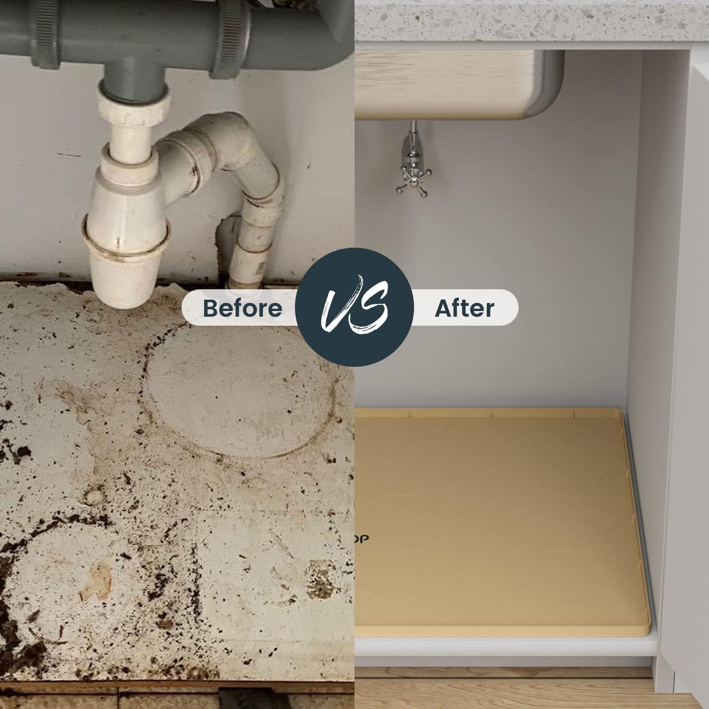 Under Sink Mat, 28" x 22" Silicone Kitchen Cabinet Tray, Waterproof & Flexible Under Sink Liner for Kitchen Bathroom and Laundry Room(Beige)