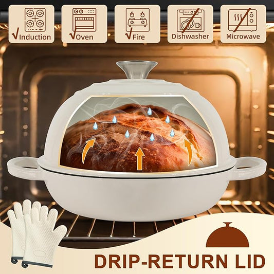 AHJ 6QT Dutch Oven For Bread Baking, Enameled Cast Iron Dutch Oven Pot with Lid, Multi-Functional Bread pan, Sourdough Baking Supplies with Proofing Basket, Cast Iron Bread Oven, Silicone Sling & Gloves.