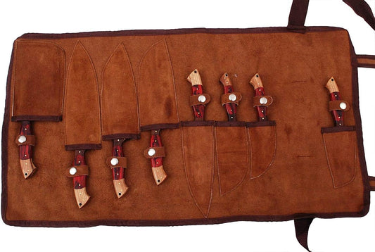 G29RD- Professional Kitchen Knives Custom Made Damascus Steel 8 pcs of Utility Chef Knife Set with Chopper/Cleaver Pocket Case Roll Bag (Red)