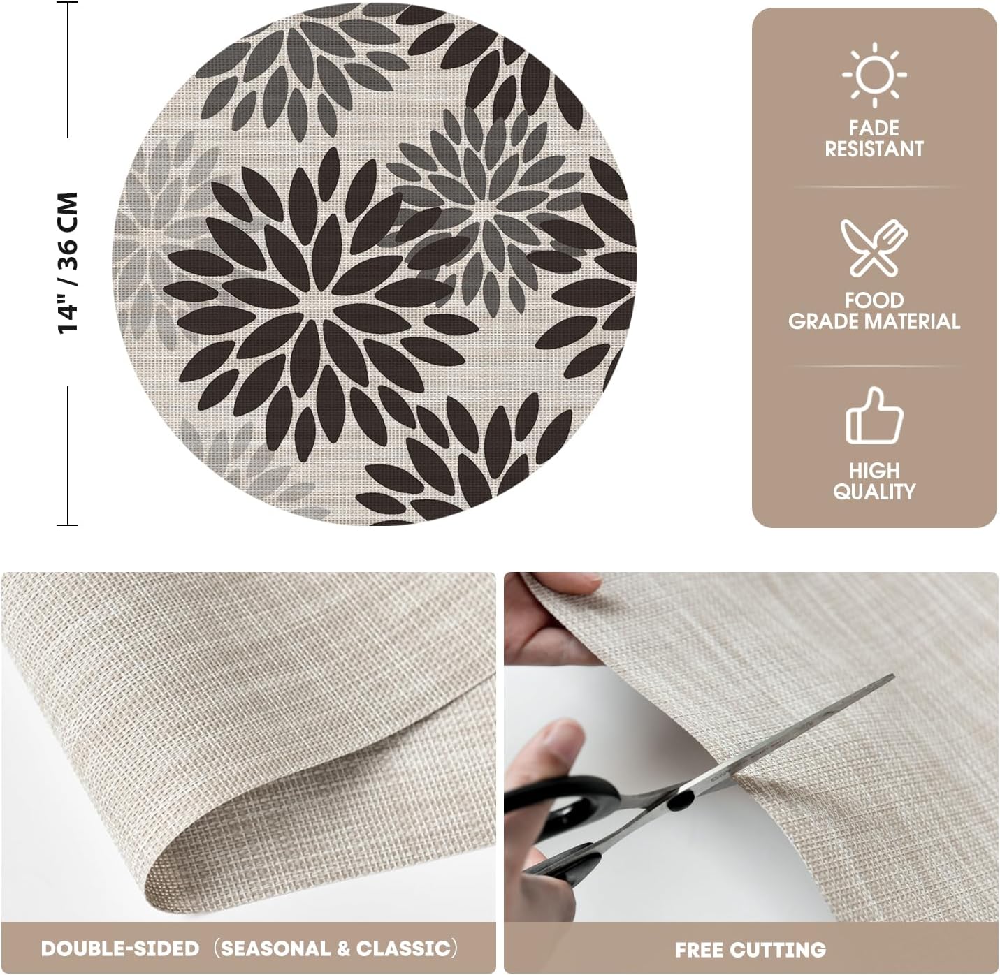 Artoid Mode Black Dahlia Plastic Round Placemats Set of 4, 14 Inch Seasonal Wipeable Woven Vinyl Table Mats for Farmhouse Party Kitchen Dining Decor