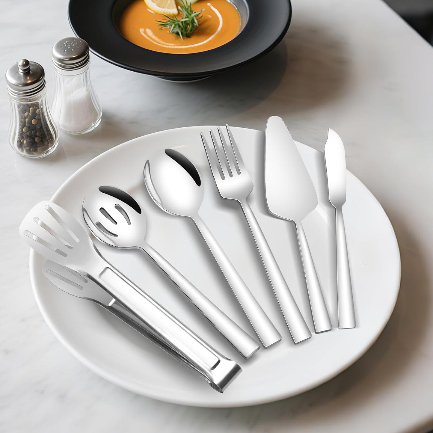 Stainless Steel Serving Utensils, Amafox 10-Piece Serving Silverware Utensils Set Include Spoons, Slotted Spoons, Forks, Appetizer Tongs,Cake Server,Butter Knife, for Party, Daily Use(Silver)