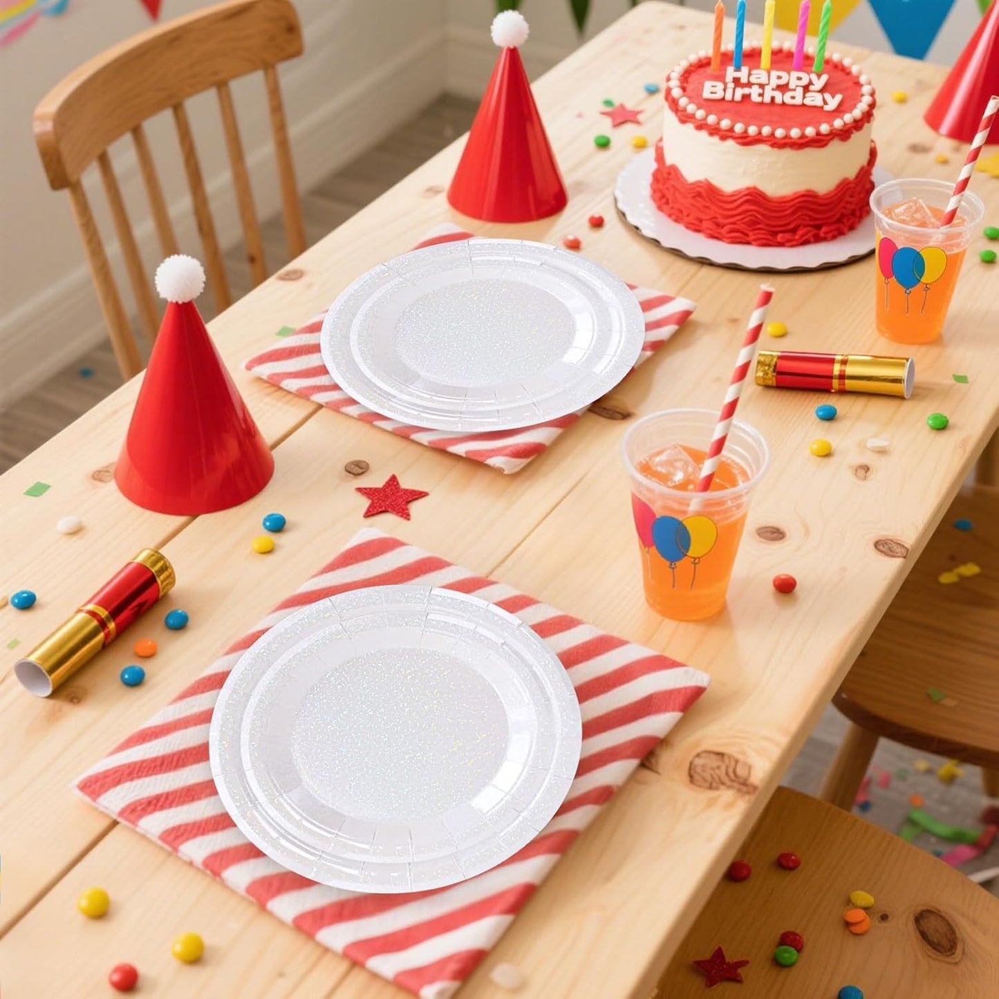 50 Pcs Iridescent White Paper Plates 25 × 7'' and 25 × 9'' Disposable White Shiny Holographic Foil Dinner Plates for Wedding Baby Shower Birthday Christmas Party Glitter Dessert Plate