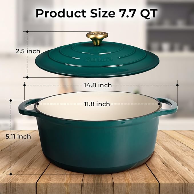 Zulay Kitchen 7.7 Quart Enameled Cast Iron Dutch Oven Pot with Lid – Premium Durability & Oven Safe up to 500°F – Heavy Duty Cookware Perfect for Bread Baking, Stews, Braising & Roasting – Emerald