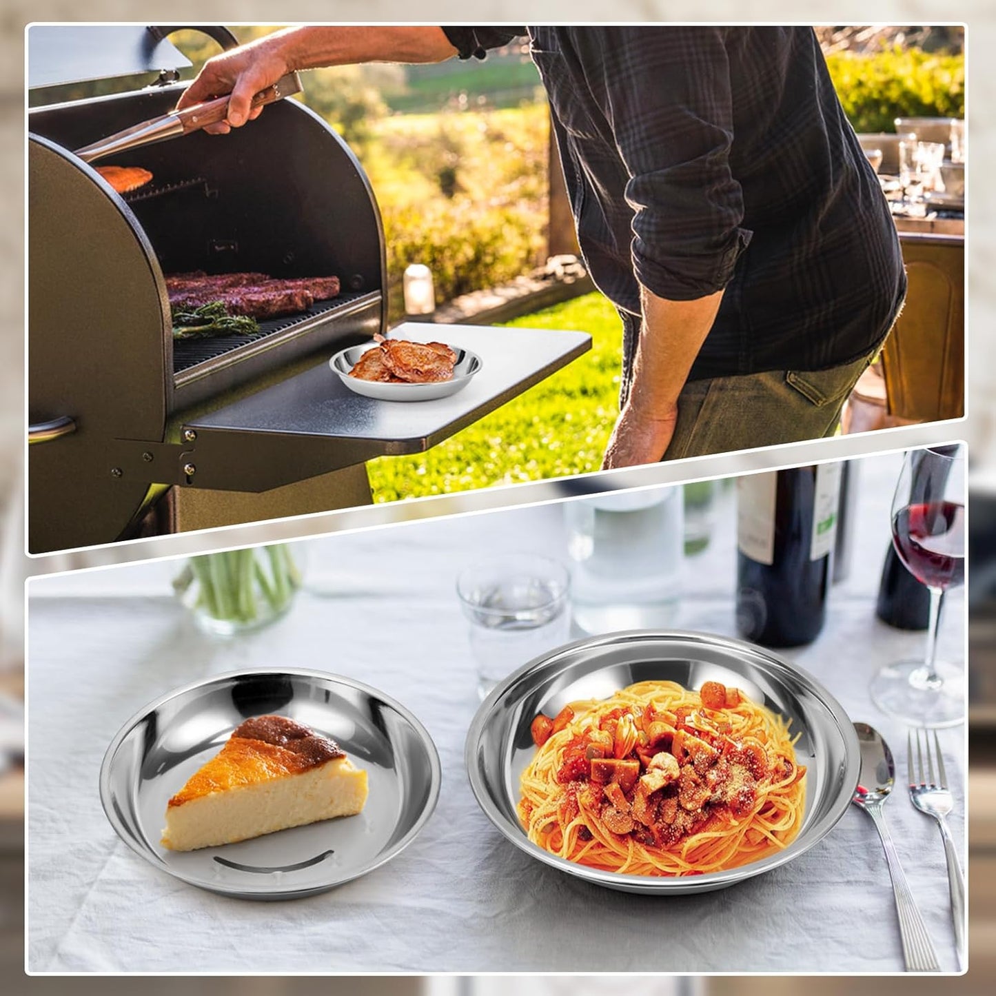 4 Patterned Deep Stainless Steel Plates, 7.8 inch 201 Metal Camping Plate, Reusable Food Serving Dish Snack Eating Dishes Round Shatterproof Silver BBQ Dinner Dinnerware Oven Dishwasher Safe