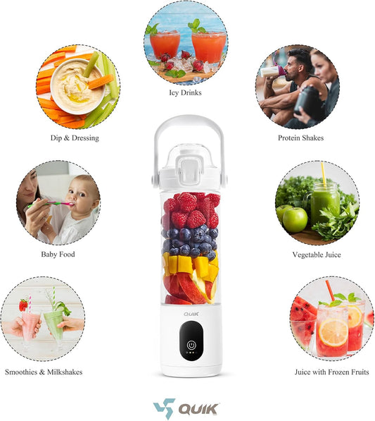 Portable Blender - Cordless 24oz. Personal Blender for Shakes and Smoothies, Licuadora, BPA Free - Ice Crush, Dishwasher safe parts, Waterproof, Triple Batteries, Juicer Cup (White)
