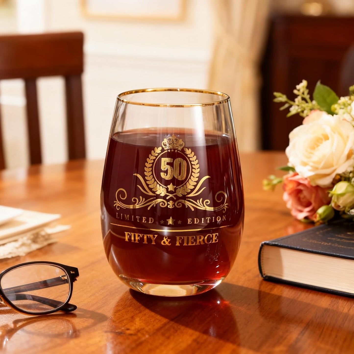 50th Birthday Gifts for Her - Gold Accent Stemless Wine Glass with Premium Gift Box and Blank Card, Unique 50th Birthday Gifts for Women, Wife, Mom, Grandmother (Fifty & Fierce)
