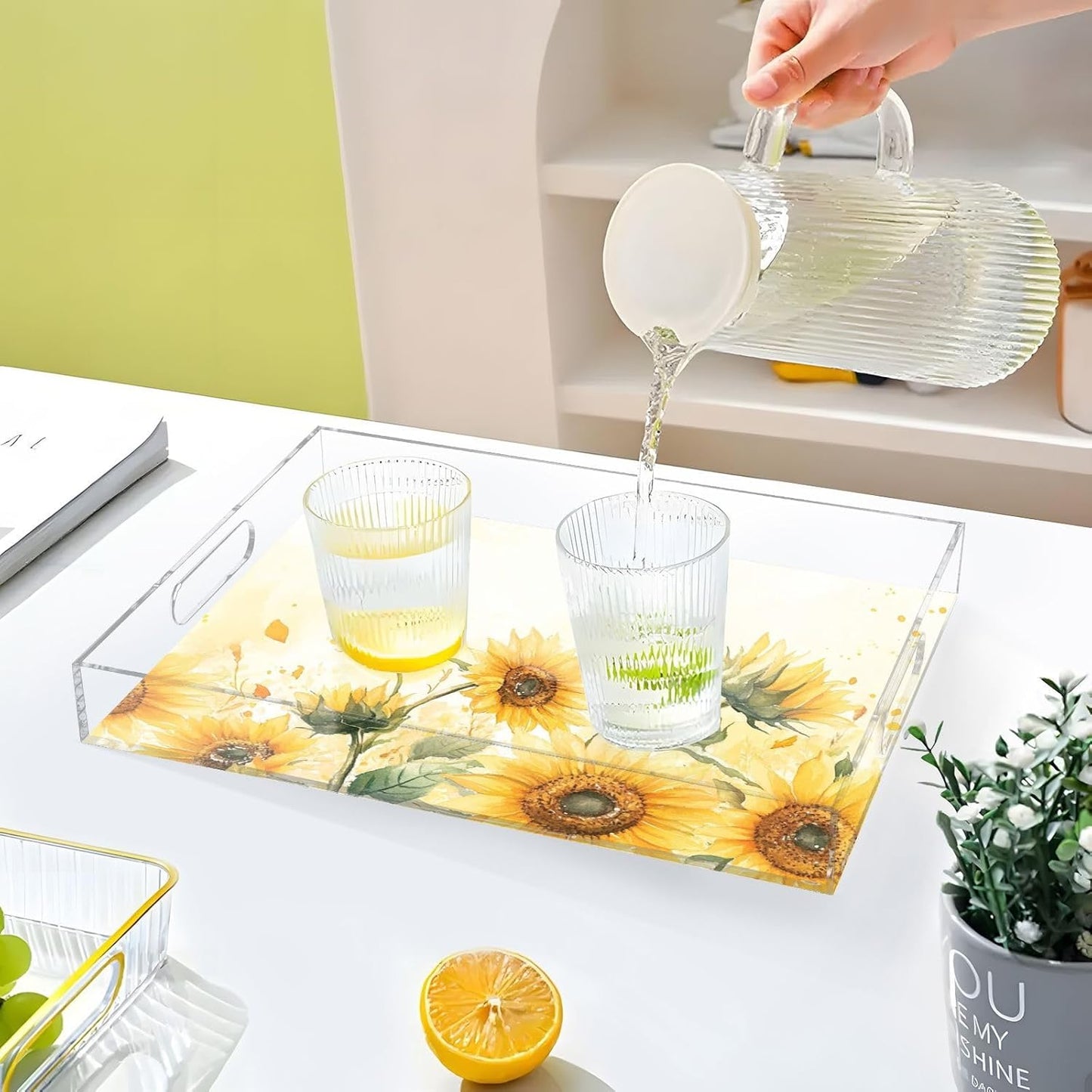 Acrylic Serving Tray with Handles Spill Proof Kitchen Storage Tray Clear Decorative Tray Makeup Drawer Organizer Storage Tray for Bathroom Living Room Ottoman 15.7x11.8Inches