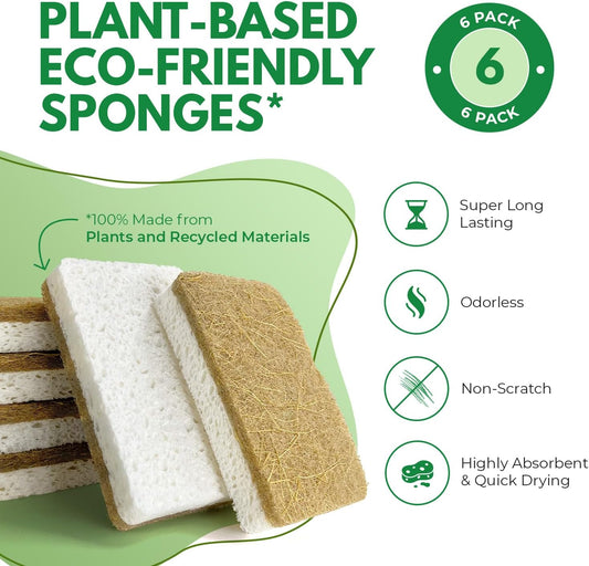 Biodegradable Natural Kitchen Sponges Pack of 6 - Cellulose and Coconut Walnut Scrubber Sponge - Eco Friendly Sponges for Dishes