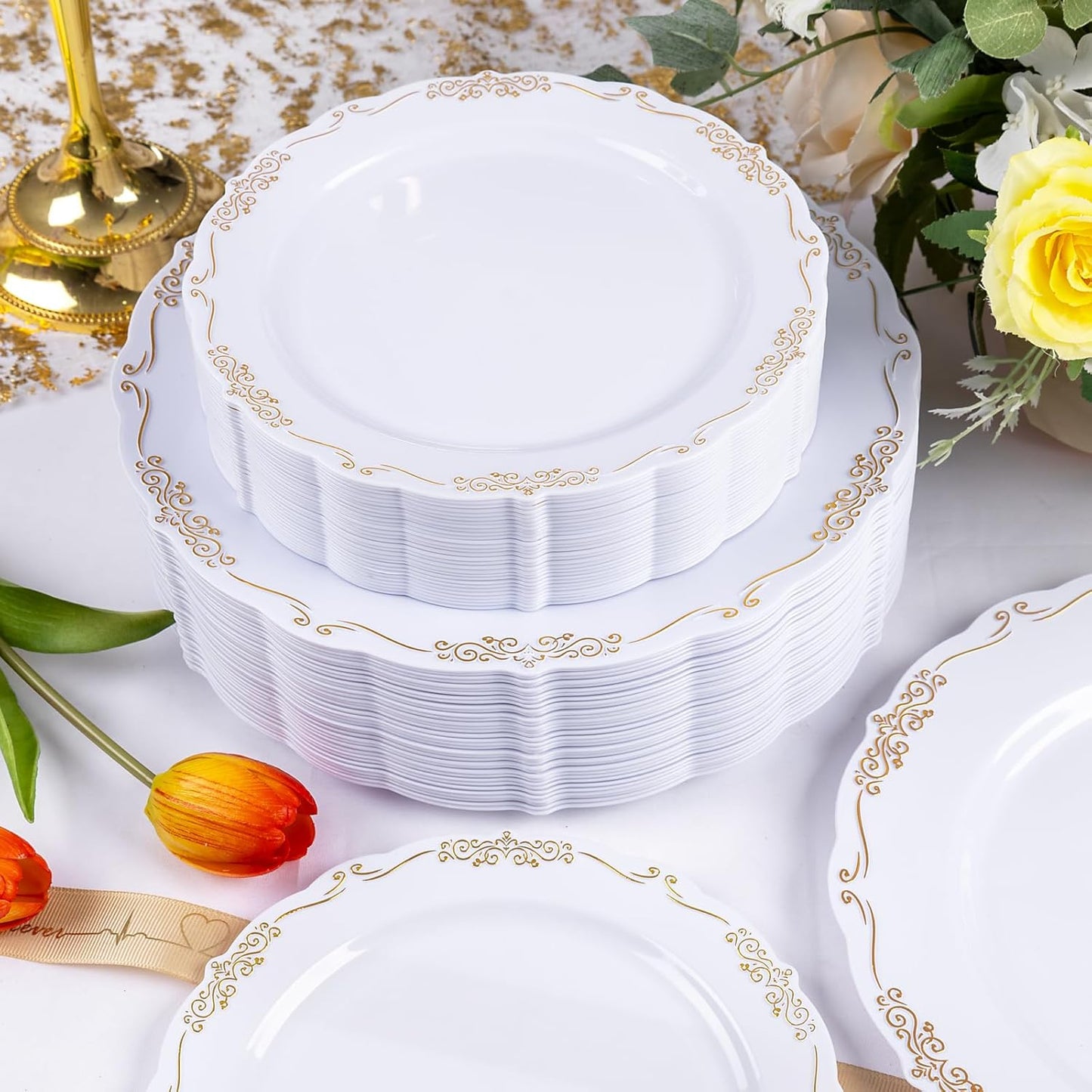 U-QE 100PCS Gold Plastic Disposable Plates - Heavy Duty White and Gold Plates Including 50PCS 10'' Dinner & 50PCS 7.5'' Dessert Plates Perfect for Upscale Party, Wedding