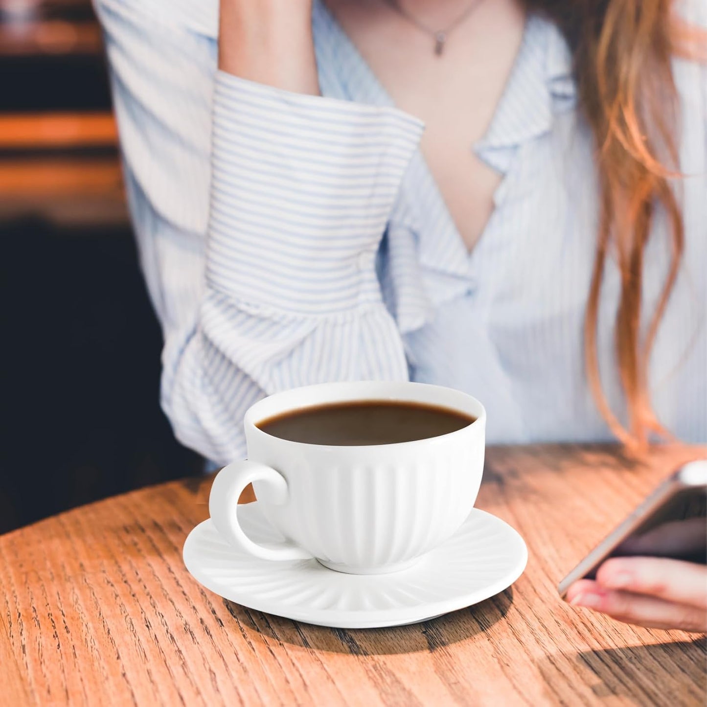 4 oz White Espresso Cups Set of 2, Ceramic Cappuccino Cups with Saucers, Durable Porcelain Tea Set & Modern Coffee Cup Collection, Coffee Lover Gifts