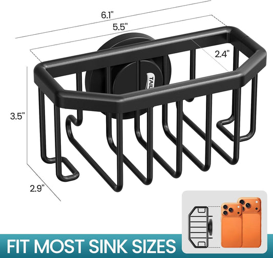 TAILI Sponge Holder for Kitchen Sink with Strong Suction Cup, Rustproof Aluminum Sink Caddy for Sponges, Brushes, Stoppers & Scrapers, Black