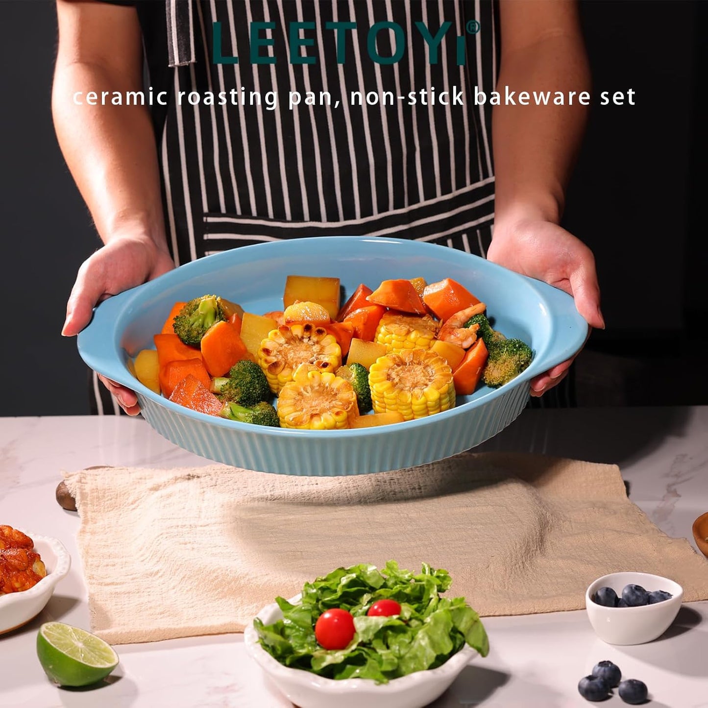 LEETOYI Porcelain 9x13 Large Oval Au Gratin Pans,Baking Dish for Servings, Bakeware with Double Handle for Kitchen and Home, Turquoise