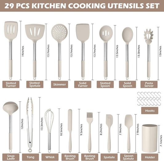 HaWare 29 PCS Silicone Cooking Utensils Set, Heat Resistant Kitchen Utensils Set with Stainless Steel Handle, Spatula Sets with Holder and Hooks, Kitchen Tools Gadgets for Nonstick Cookware -Khaki