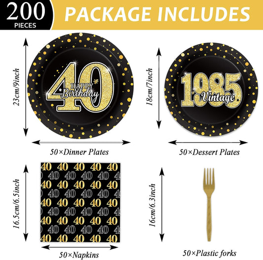 ZOIIWA 40th Theme Bithday Party Tableware Vintage 1985 Party Supplies 40 Year Old Birthday Decorations Plates Napkins Forks Black and Gold Dinnerware Favors for Men or Women