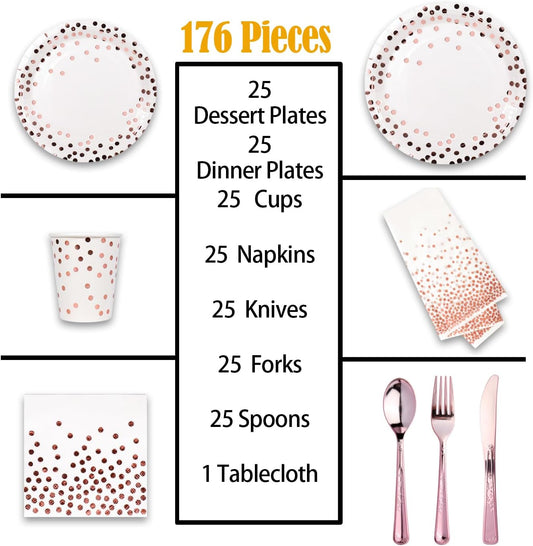 176 Pieces Rose Gold Disposable Party Dinnerware Set &Golden Dot Disposable Party Dinnerware - White Paper Plates Napkins Cups, Gold Plastic Forks Knives Spoons (25 Guests,176 Pieces)