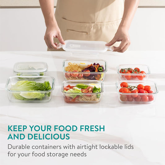 Navaris Glass Food Storage Containers with Lids - Set of 6, Airtight & Lockable - Reusable Meal Prep Containers for Lunch, Leftovers & Picnic - Microwave, Dishwasher & Oven Ready
