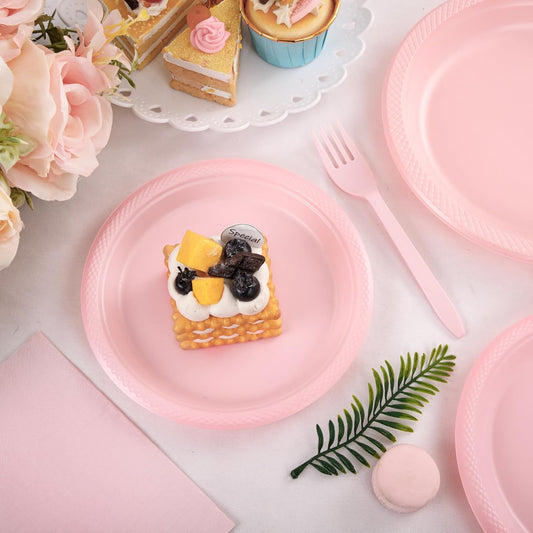 MirthMood 350pcs Pink Party Supplies Set, Disposable Plates Including Pink Plastic Plates, 12OZ Cups, Plastic Cutlery and Paper Napkins Serve 50 Guests for Wedding & Birthday & Party