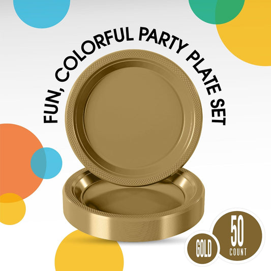 Exquisite Party Solids Gold Plastic Plates For Party Supplies 10" Gold Disposable Plates Heavy Duty 50 Pcs Plastic Dinnerware Sets Heavy Duty 350 GSM Disposable Dinnerware Set