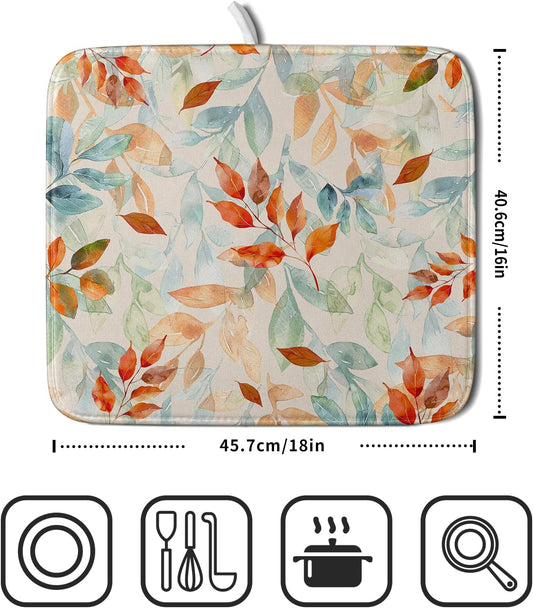 Fall Eucalyptus Dish Drying Mats 16x18 In, Orange Green Gradient Color Plant Leaves Autumn Absorbent Microfiber Fast Dry Dishes Mat Hanging Drainer Pad Kitchen Accessories