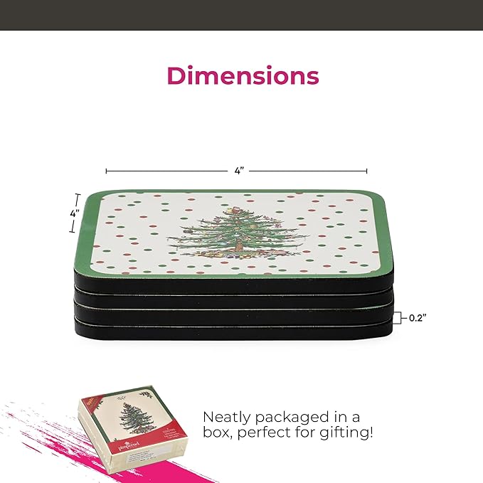 Pimpernel Polka Dot Coaster Set – 4-Inch Square Cork-Backed Drink Mats with Lacquered Finish, Heat & Stain Resistant Tabletop & Dining Accessories, Decorative Coffee, Tea & Beverage Protection