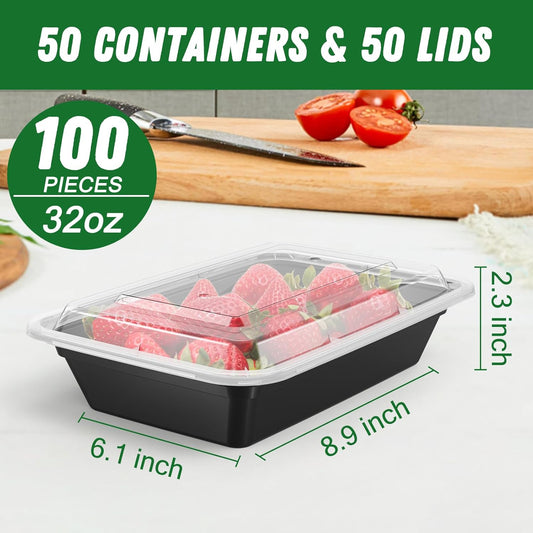 50 Pack (100-Piece) 32 oz Meal Prep Containers Reusable with Lids, Sturdy Leakproof & Food Safe, Microwave, Freezer, Dishwasher Safe Prep Containers, To Go Take Out Plastic Food Storage