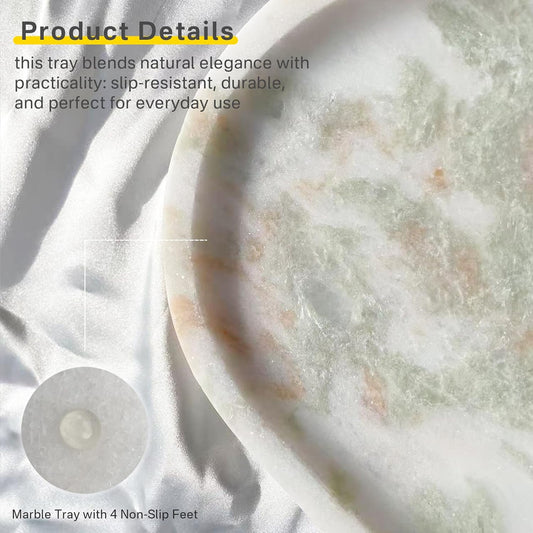 Natural Marble Tray, Stone Vanity Tray for Bathroom & Kitchen Countertop - Organizer for Perfume, Jewelry, Cosmetics 12x6 Inch,Pinkish Green
