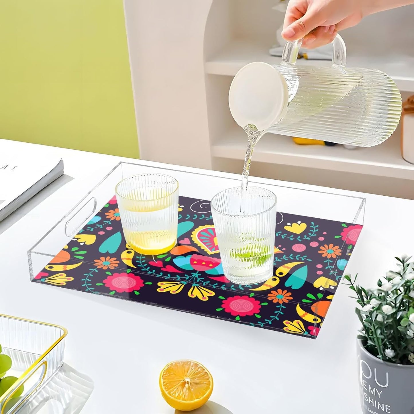 Acrylic Serving Tray with Handles Spill Proof Kitchen Storage Tray Clear Decorative Tray Makeup Drawer Organizer Storage Tray for Bathroom Living Room Ottoman 15.7x11.8Inches