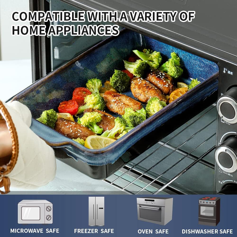 Bakeware Set, Ceramic Baking Dish Set, Rectangular Casserole Dish Set, lasagna Pan, Baking Pans Set for Cooking, Cake Dinner, Kitchen, 9 x 13 Inches, Reactive Glaze 3-Piece (Nebula Blue)