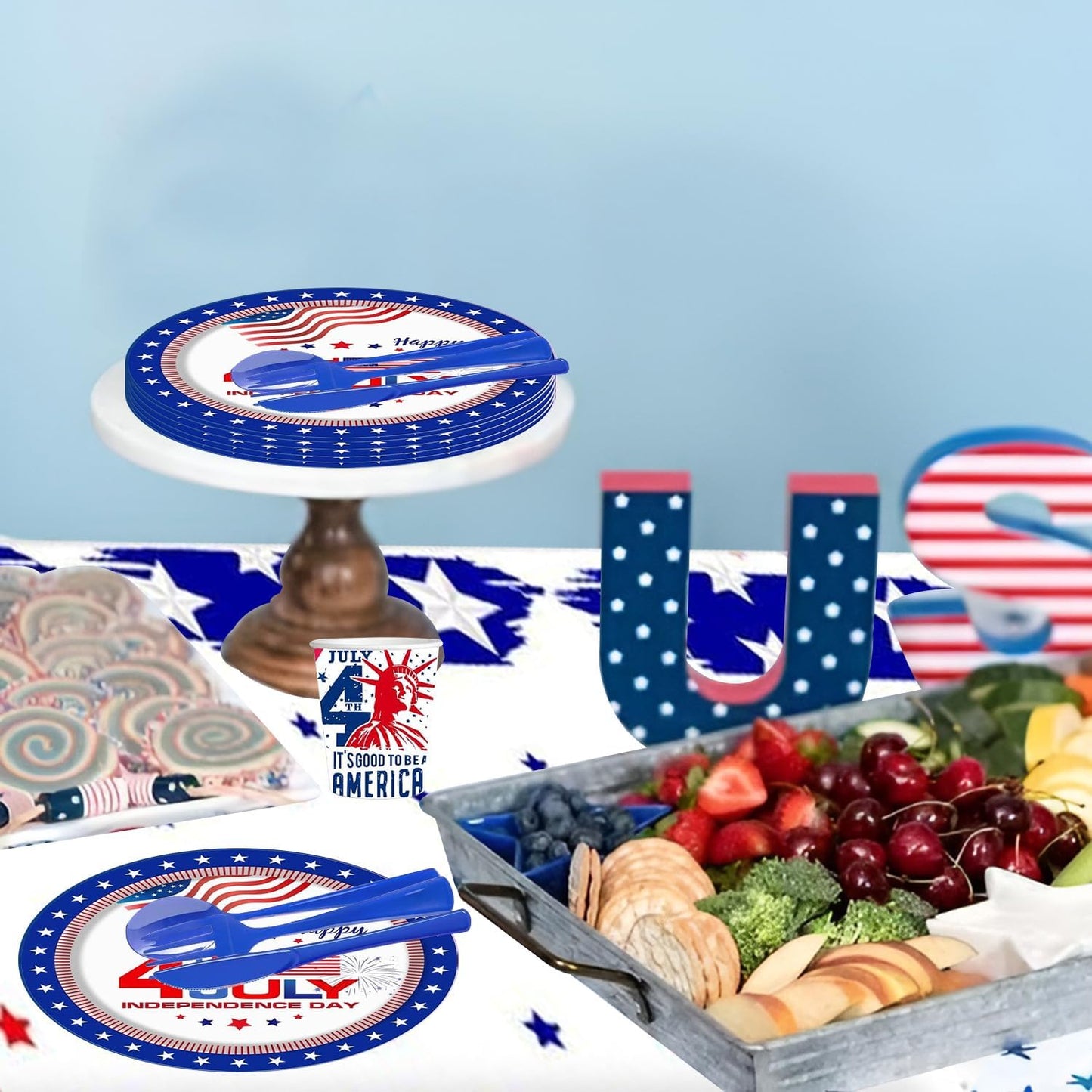 4th of July Party favor Tableware Set, 25 Set American Flag Disposable Dinnerware Set - Patriotic Party Supply - Red Blue White Plates Napkins Cups, Forks Spoons for Independence Memorial Day