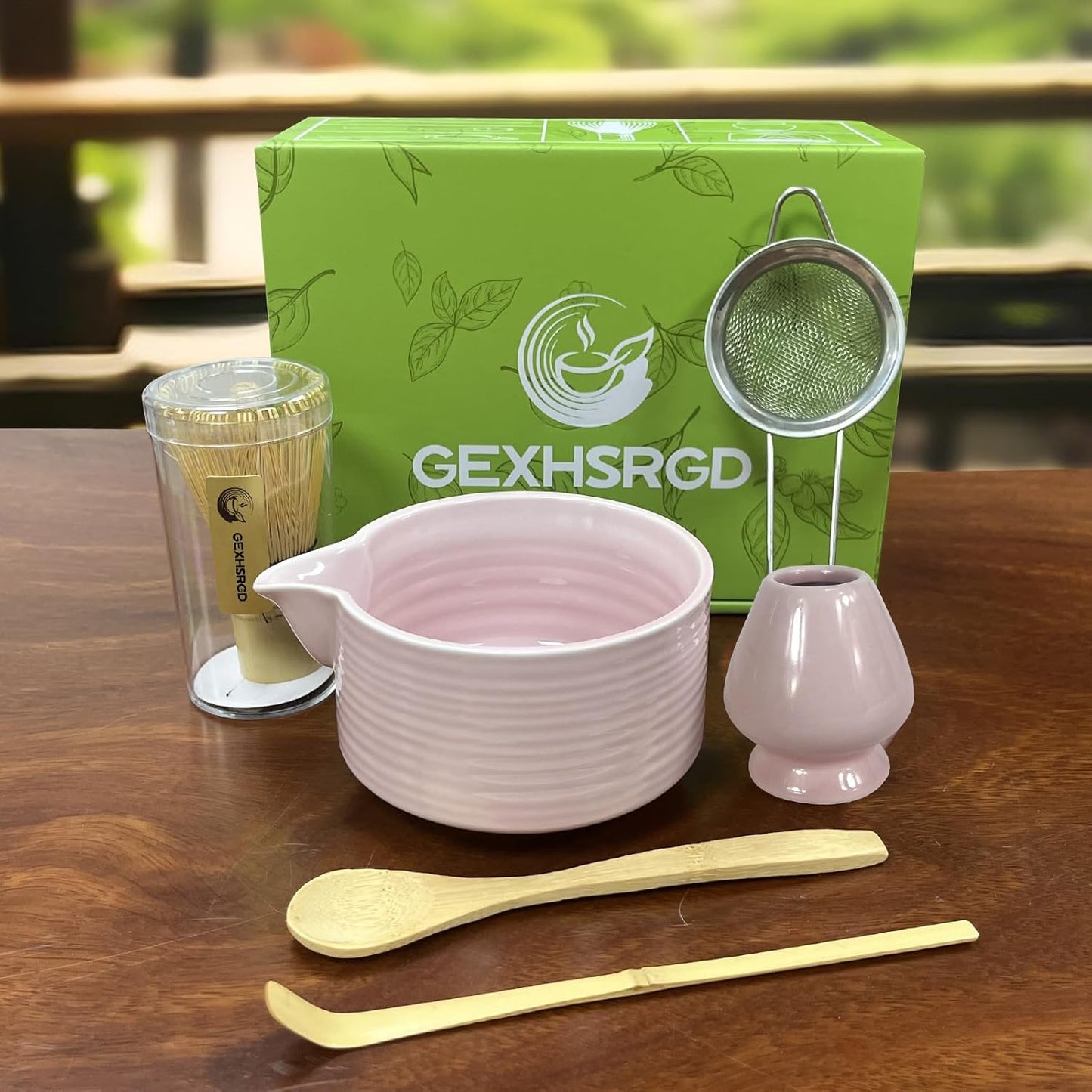 Matcha Whisk Set 6 pc Kit - Traditional Japanese Chasen, Bamboo Whisk Holder, Ceramic Bowl with Spout, Sifter & 2 pc Spoons - matcha kit set, Gift for Matcha Tea Lovers(Pink)